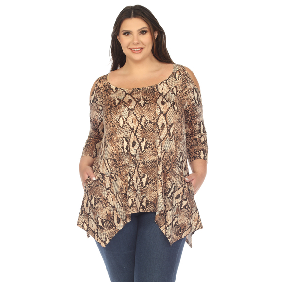 White Mark Women's Plus Size Snake Print Cold Shoulder Tunic - Picture 1 of 6